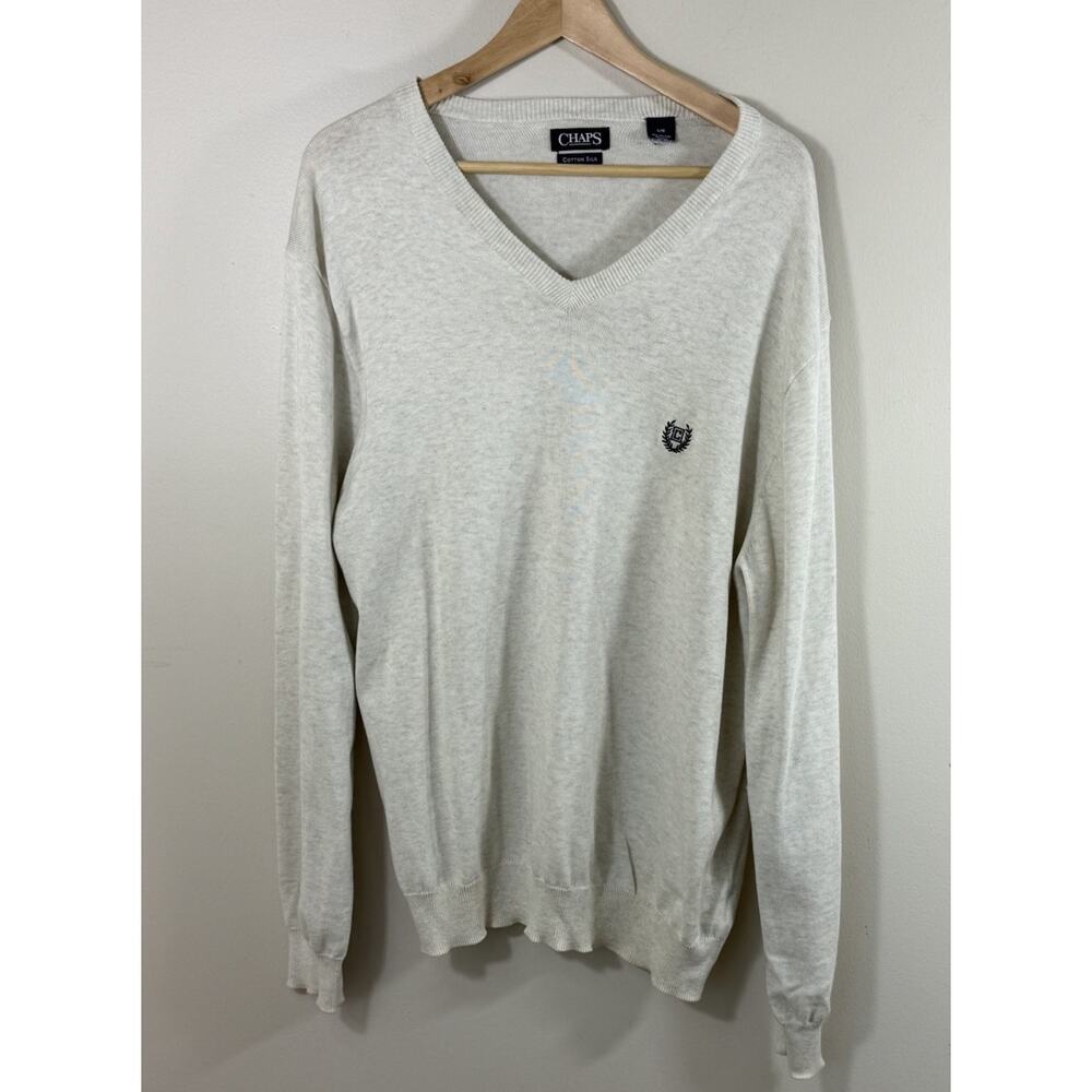 Chaps Cotton Silk V-Neck Sweater Men’s Size Large Cream Preppy Coastal Classi